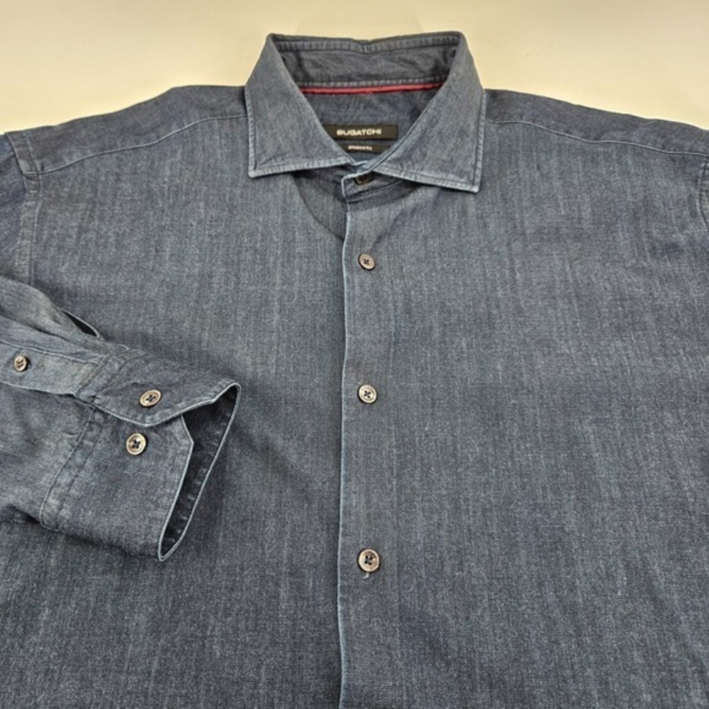 Bugatchi Shaped Fit Shirt Large L Long Sleeve Blue Chambray Lyocell Stretch